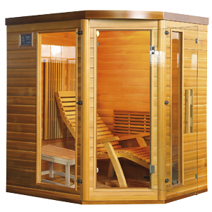 Infrasauna Optimal (Sanotechnik) pro dvě osoby, speciální kabina z kanadského jedlovce a cedru, do které jsou instalovány infračervené zářiče, 174 × 138 × 190 cm, 1 950 W, saunu lze instalovat do obývacího pokoje, ložnice, sklepa či koupelny, cena 57 300 Kč